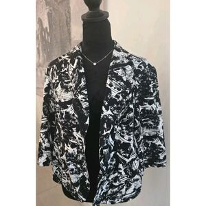 Coldwater Creek Jacket Sz 12P Black White 3/4 Sleeve 100% Cotton 2 Button Front